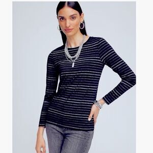 Chico's Sweater Size 0 Small Navy Blue Sparkle Stripes NWT